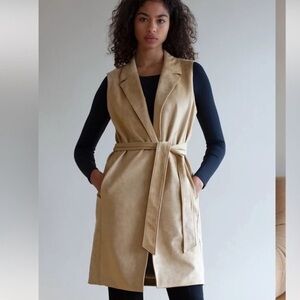 Aritzia Babaton Tan Soft Suede Look Satin Lined Long Vest Jacket Large Belt